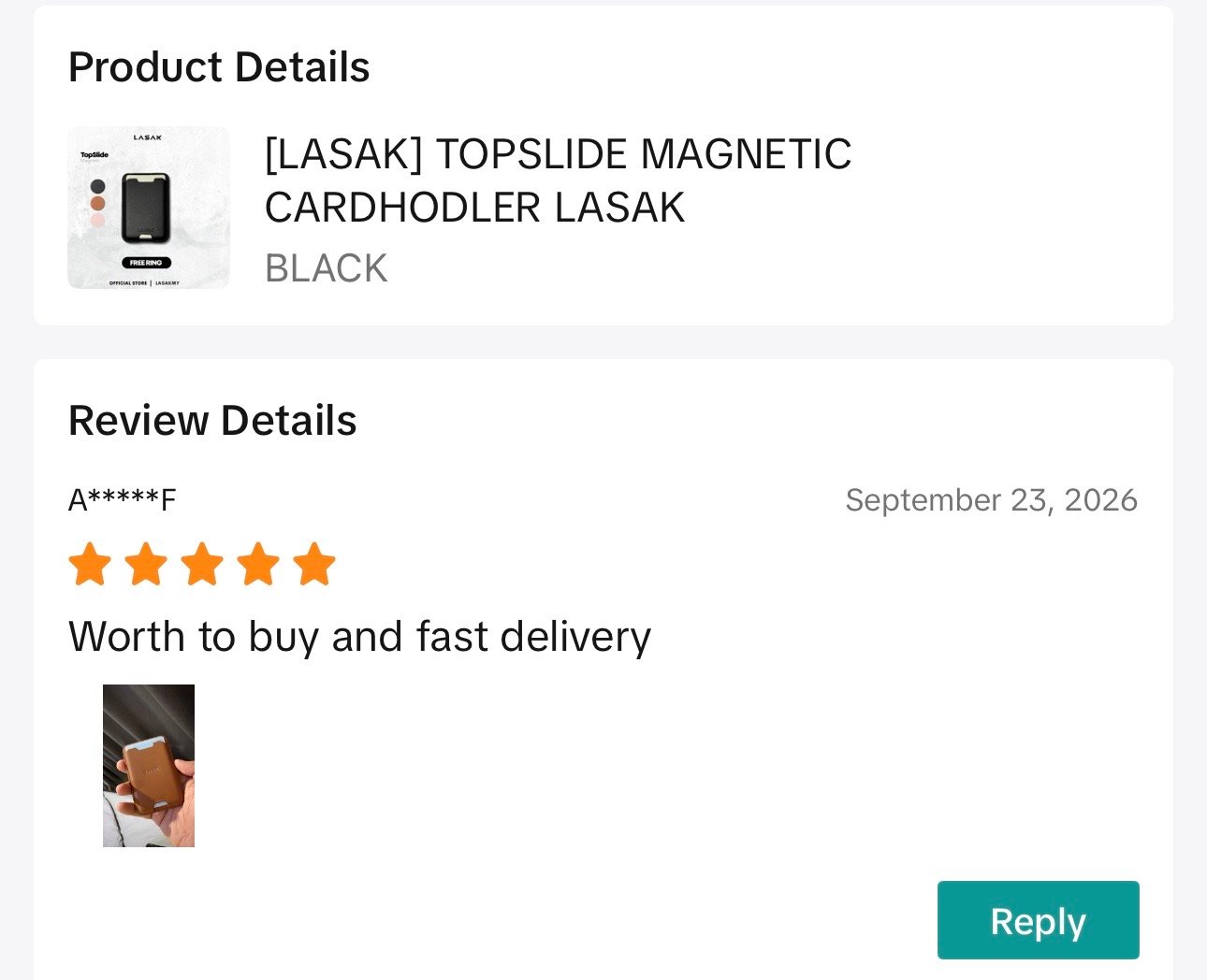 A customer's photo of the LASAK TOPSLIDE CARDHOLDER